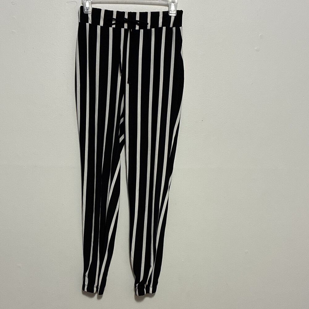 Discreet Women Black & White Striped Jogger Pants Drawstring Pockets stretch